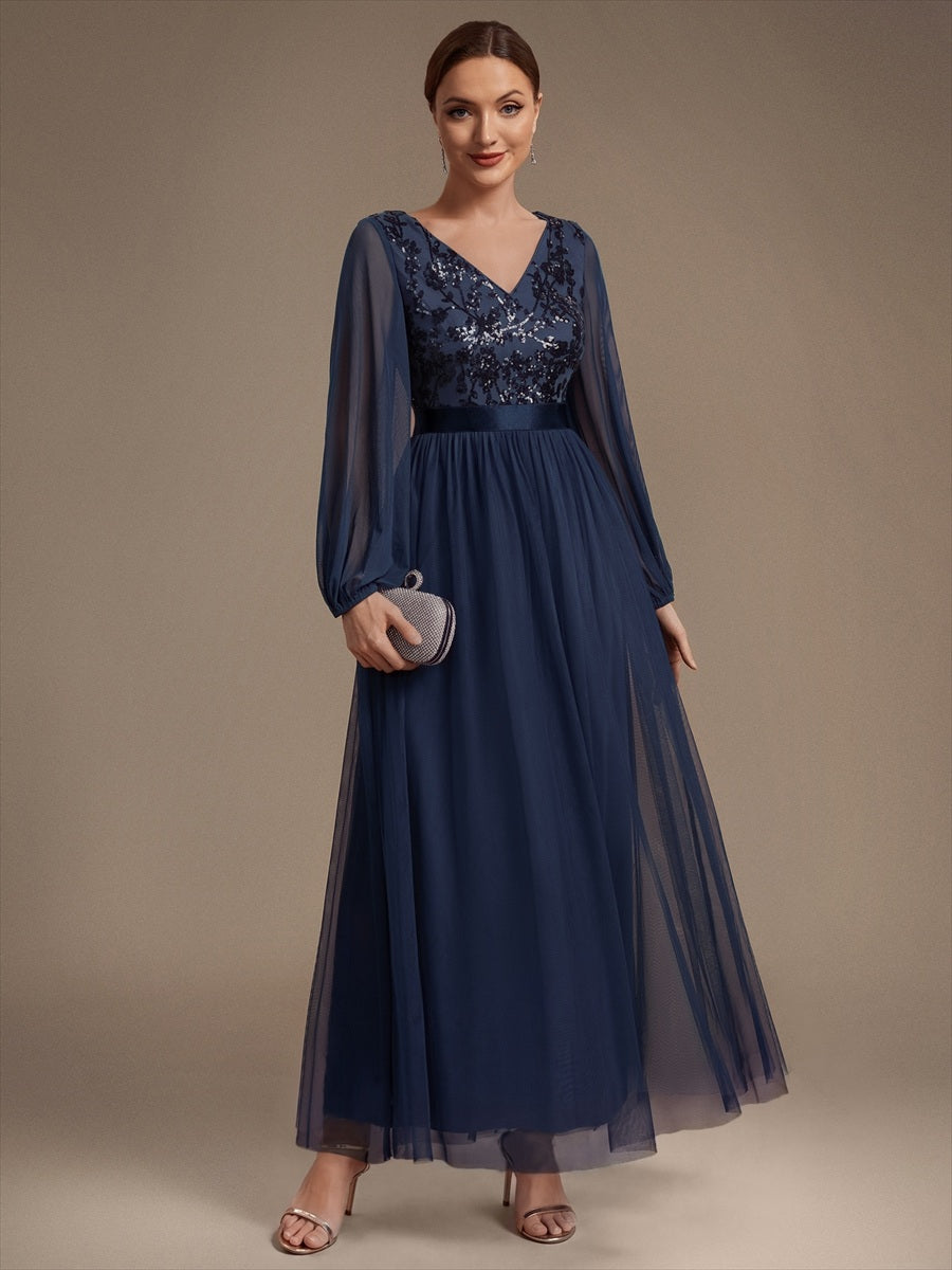 Tüll V-Ausschnitt A-Linie Reißverschluss hinten Ohne Brustpolster, mit Futter. abendkleid #Farbe_Marineblau