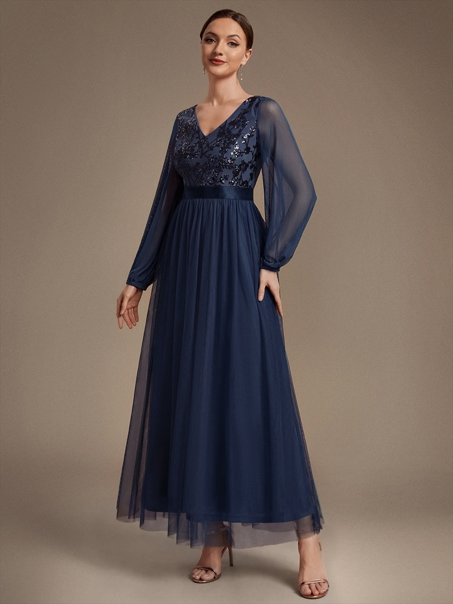 Tüll V-Ausschnitt A-Linie Reißverschluss hinten Ohne Brustpolster, mit Futter. abendkleid #Farbe_Marineblau