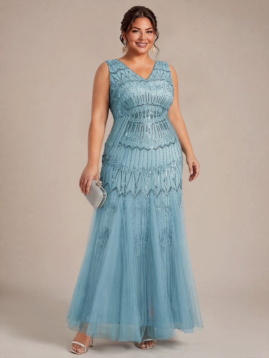 Tüll mit V-Ausschnitt, Meerjungfrau, Ärmellos und abendkleid #Farbe_Himmelblau