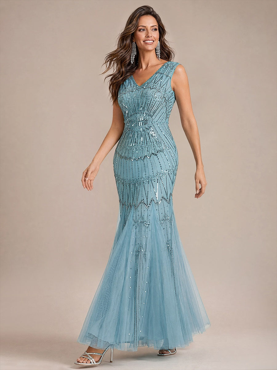 Tüll mit V-Ausschnitt, Meerjungfrau, Ärmellos und abendkleid #Farbe_Himmelblau