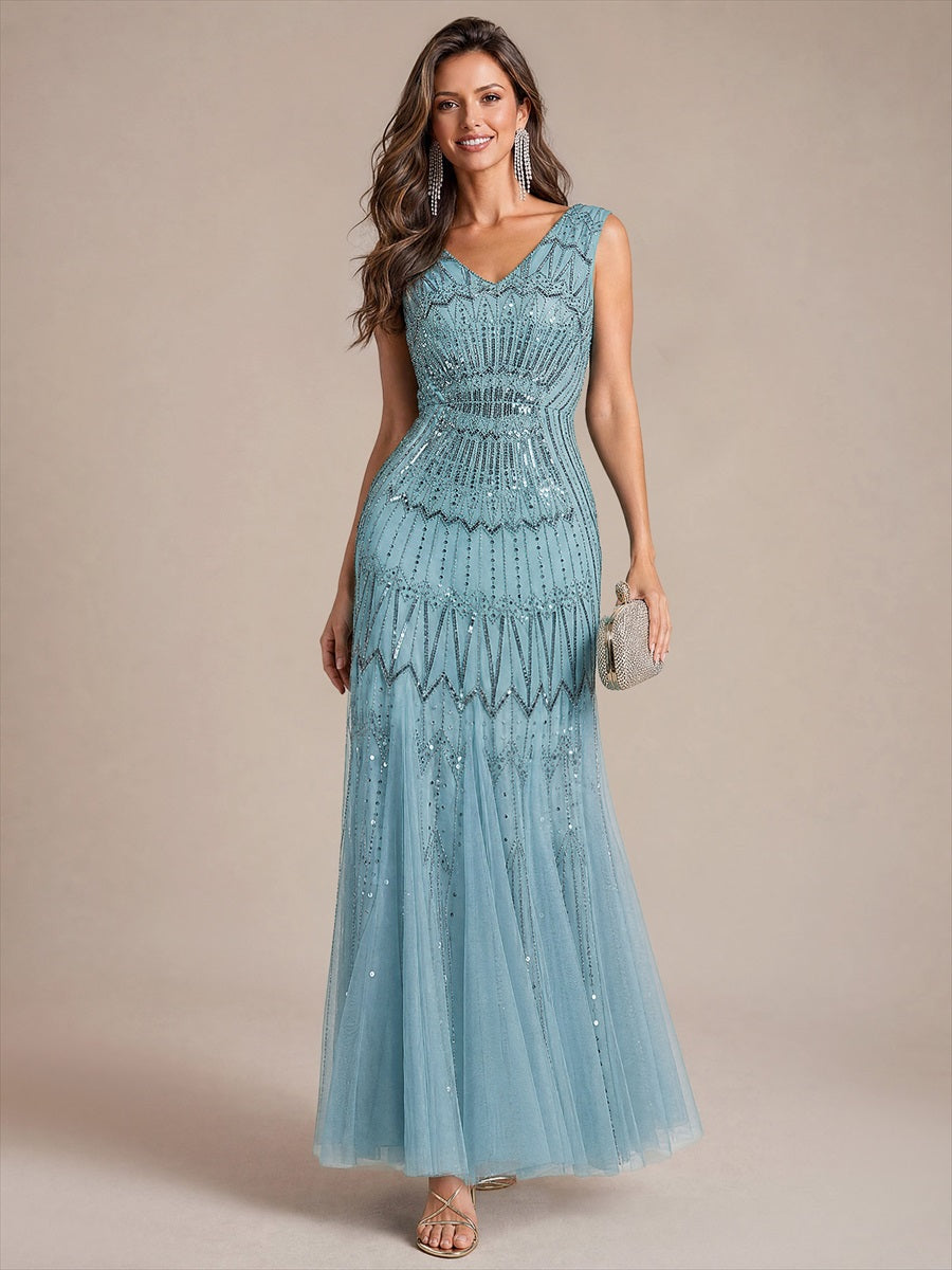 Tüll mit V-Ausschnitt, Meerjungfrau, Ärmellos und abendkleid #Farbe_Himmelblau