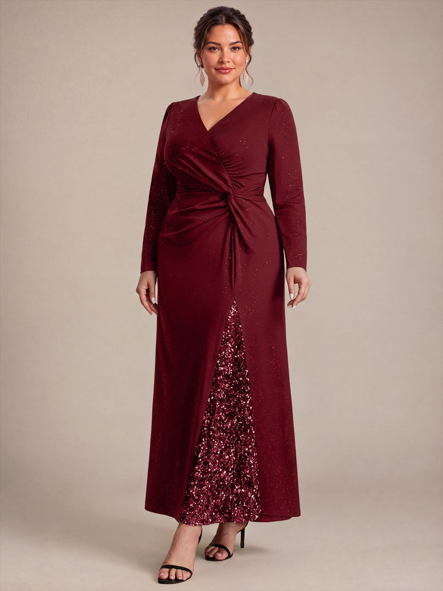 Maxilänge V-Ausschnitt Figurbetontes Kleid Aus Mesh Pailletten Zum Binden #Farbe_Burgunderrot