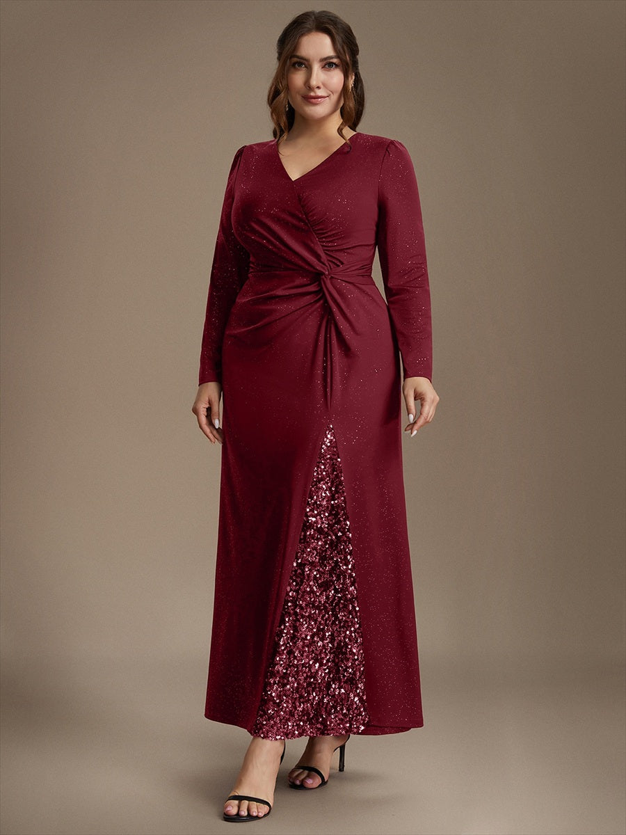 Maxilänge V-Ausschnitt Figurbetontes Kleid Aus Mesh Pailletten Zum Binden #Farbe_Burgunderrot
