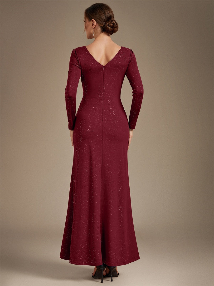 Maxilänge V-Ausschnitt Figurbetontes Kleid Aus Mesh Pailletten Zum Binden #Farbe_Burgunderrot