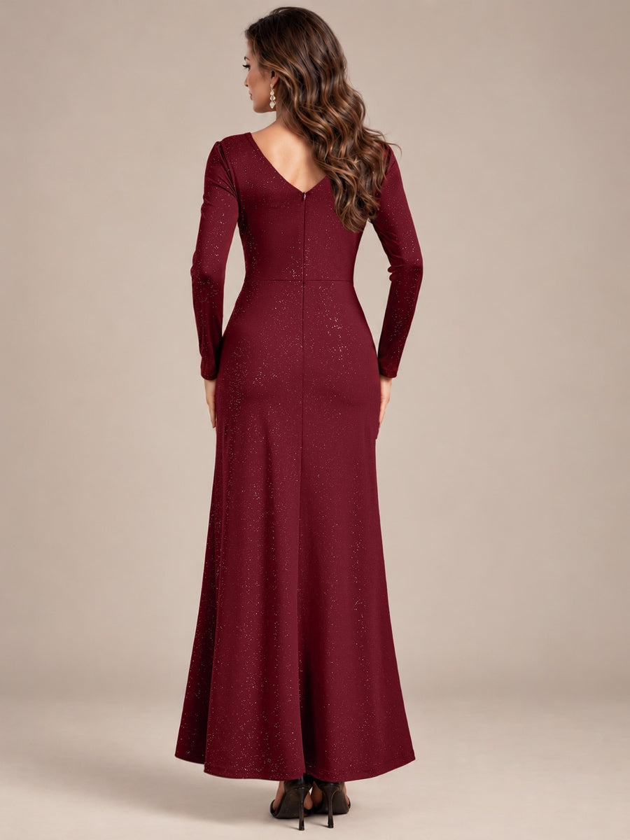 Maxilänge V-Ausschnitt Figurbetontes Kleid Aus Mesh Pailletten Zum Binden #Farbe_Burgunderrot