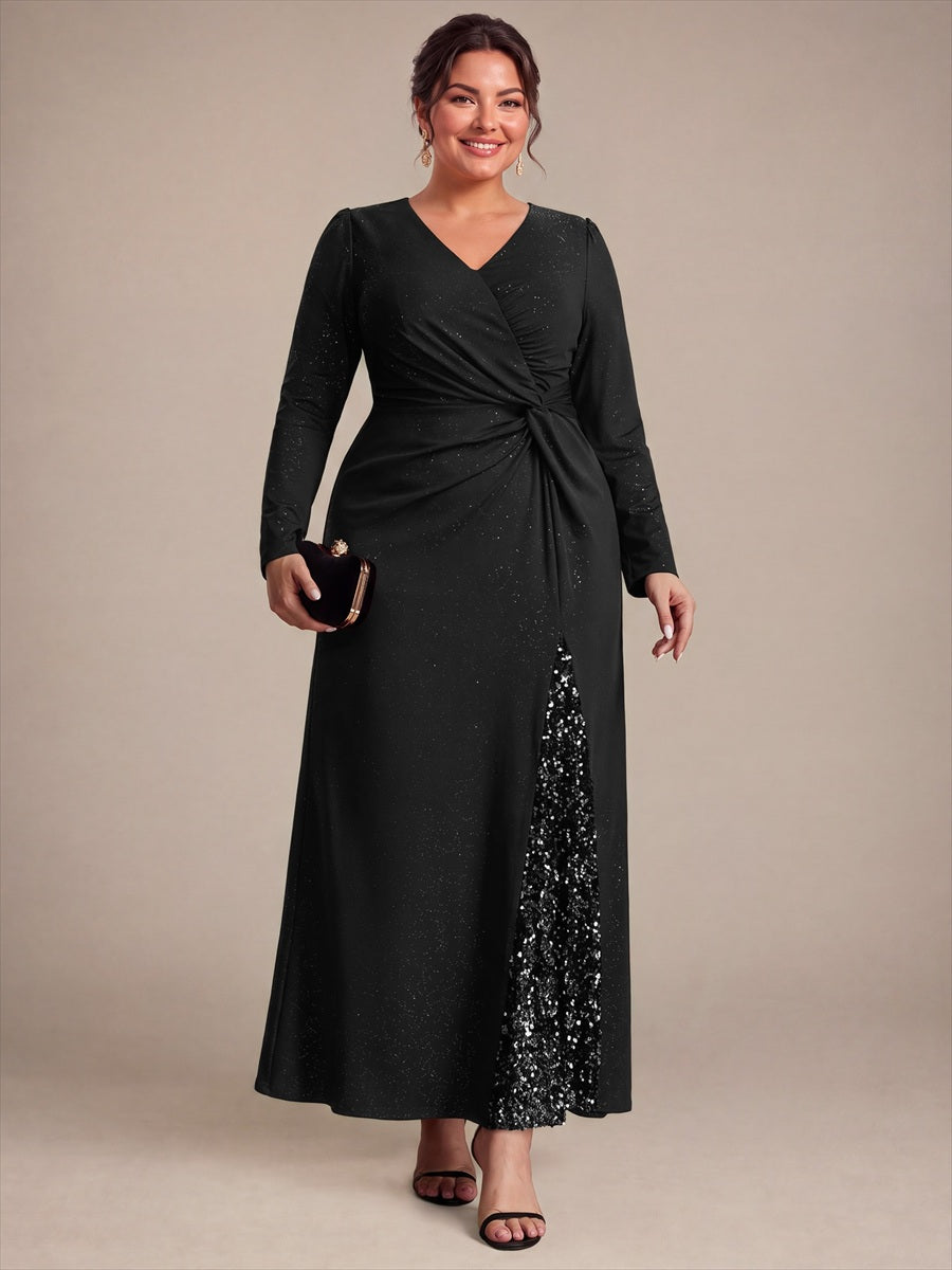 Maxilänge V-Ausschnitt Figurbetontes Kleid Aus Mesh Pailletten Zum Binden #Farbe_Schwarz