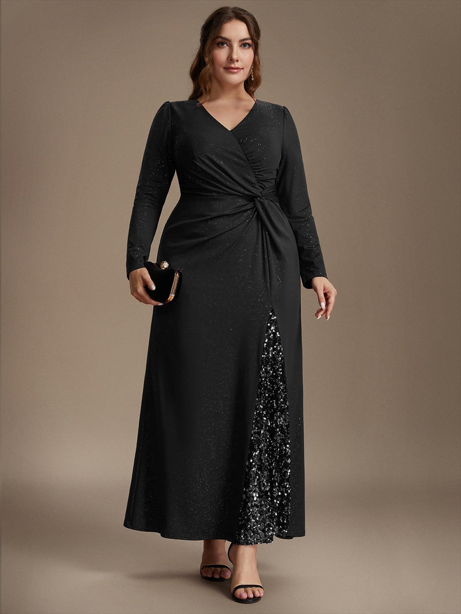 Maxilänge V-Ausschnitt Figurbetontes Kleid Aus Mesh Pailletten Zum Binden #Farbe_Schwarz