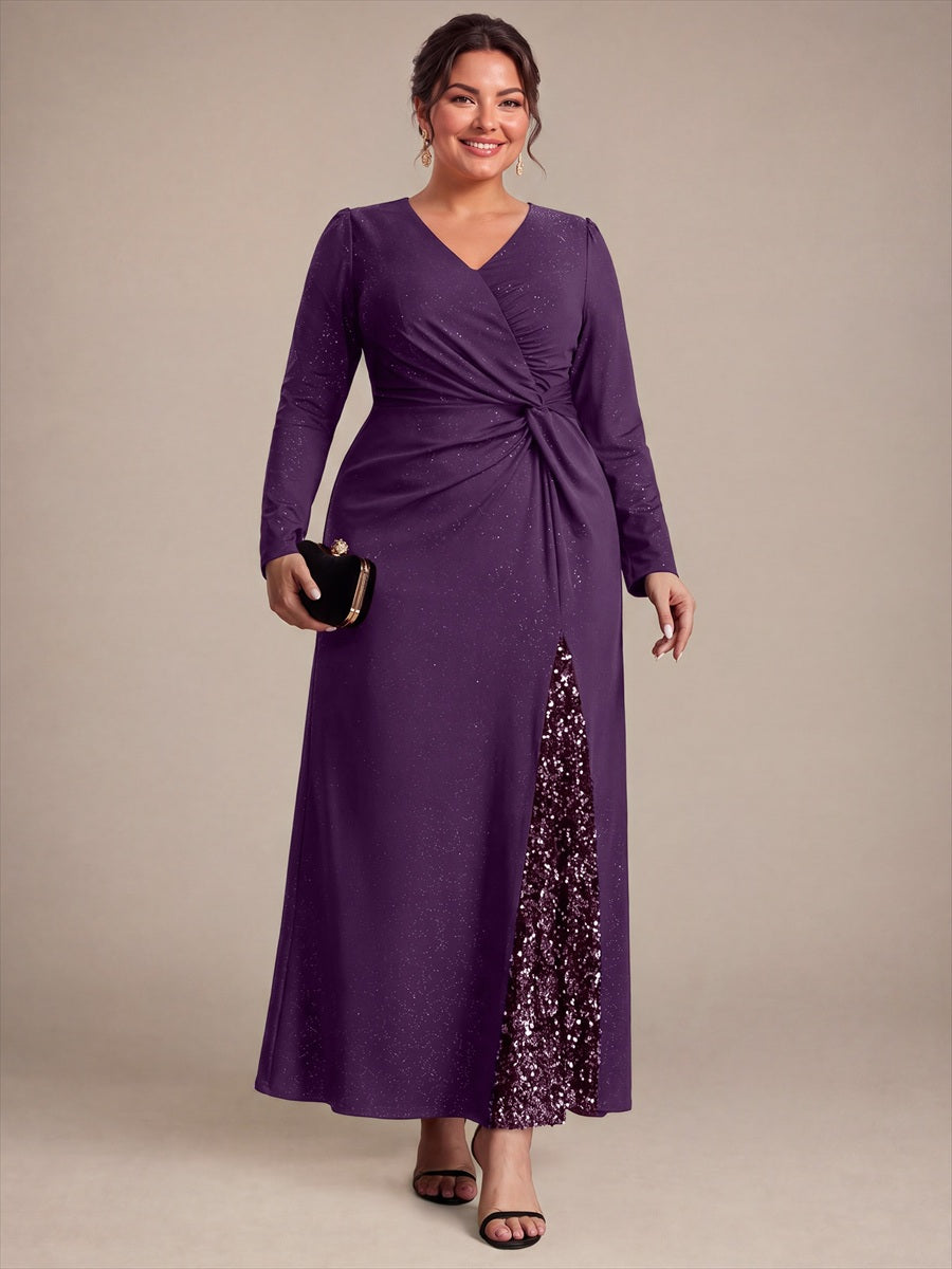 Maxilänge V-Ausschnitt Figurbetontes Kleid Aus Mesh Pailletten Zum Binden #Farbe_Dunkelviolett