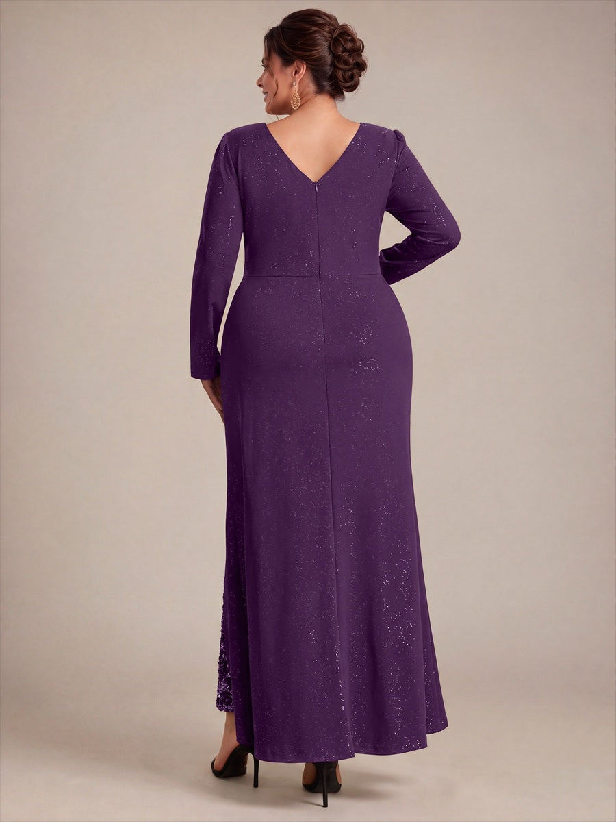 Maxilänge V-Ausschnitt Figurbetontes Kleid Aus Mesh Pailletten Zum Binden #Farbe_Dunkelviolett