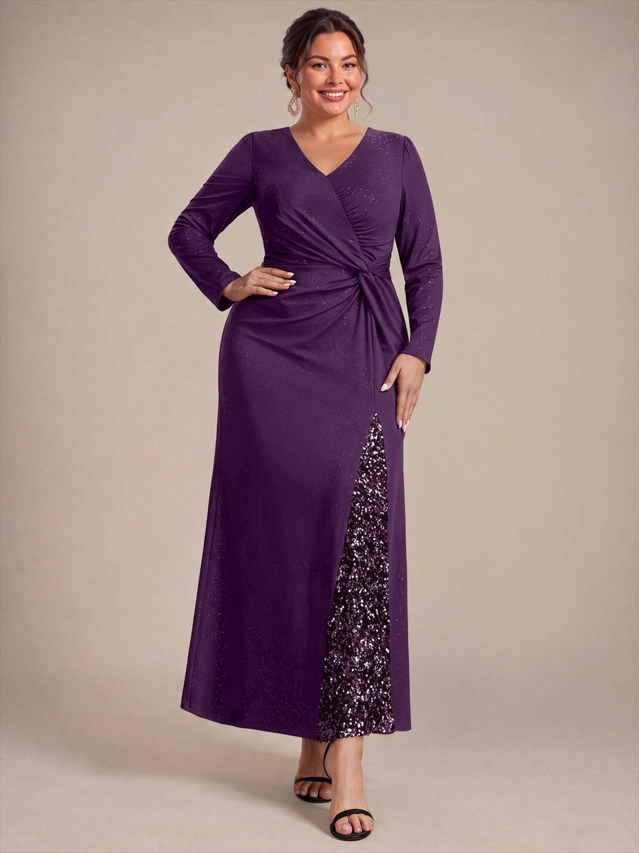 Maxilänge V-Ausschnitt Figurbetontes Kleid Aus Mesh Pailletten Zum Binden #Farbe_Dunkelviolett
