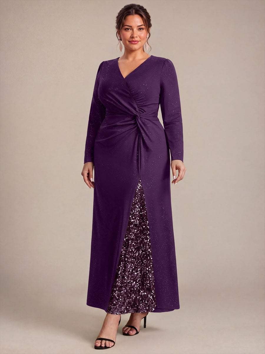 Maxilänge V-Ausschnitt Figurbetontes Kleid Aus Mesh Pailletten Zum Binden #Farbe_Dunkelviolett