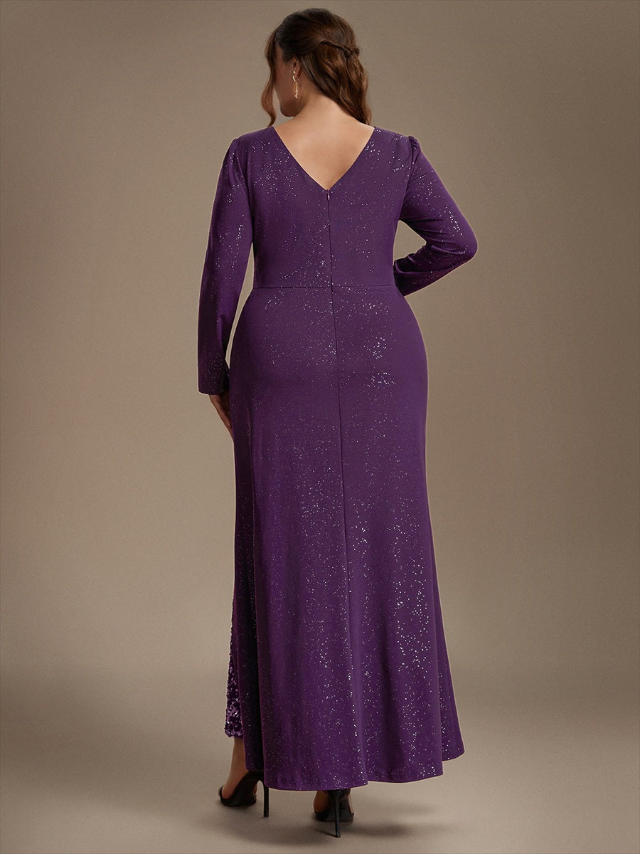 Maxilänge V-Ausschnitt Figurbetontes Kleid Aus Mesh Pailletten Zum Binden #Farbe_Dunkelviolett