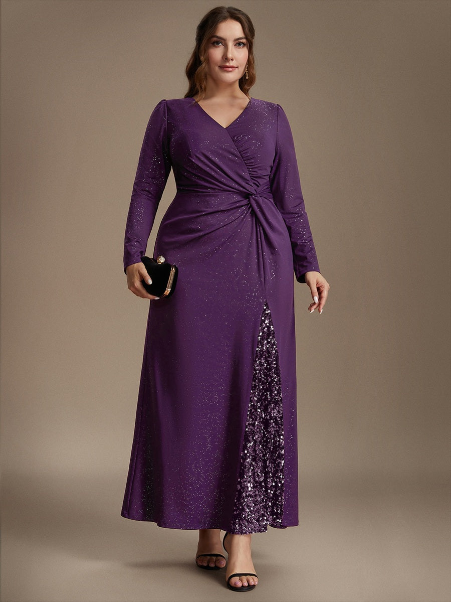 Maxilänge V-Ausschnitt Figurbetontes Kleid Aus Mesh Pailletten Zum Binden #Farbe_Dunkelviolett
