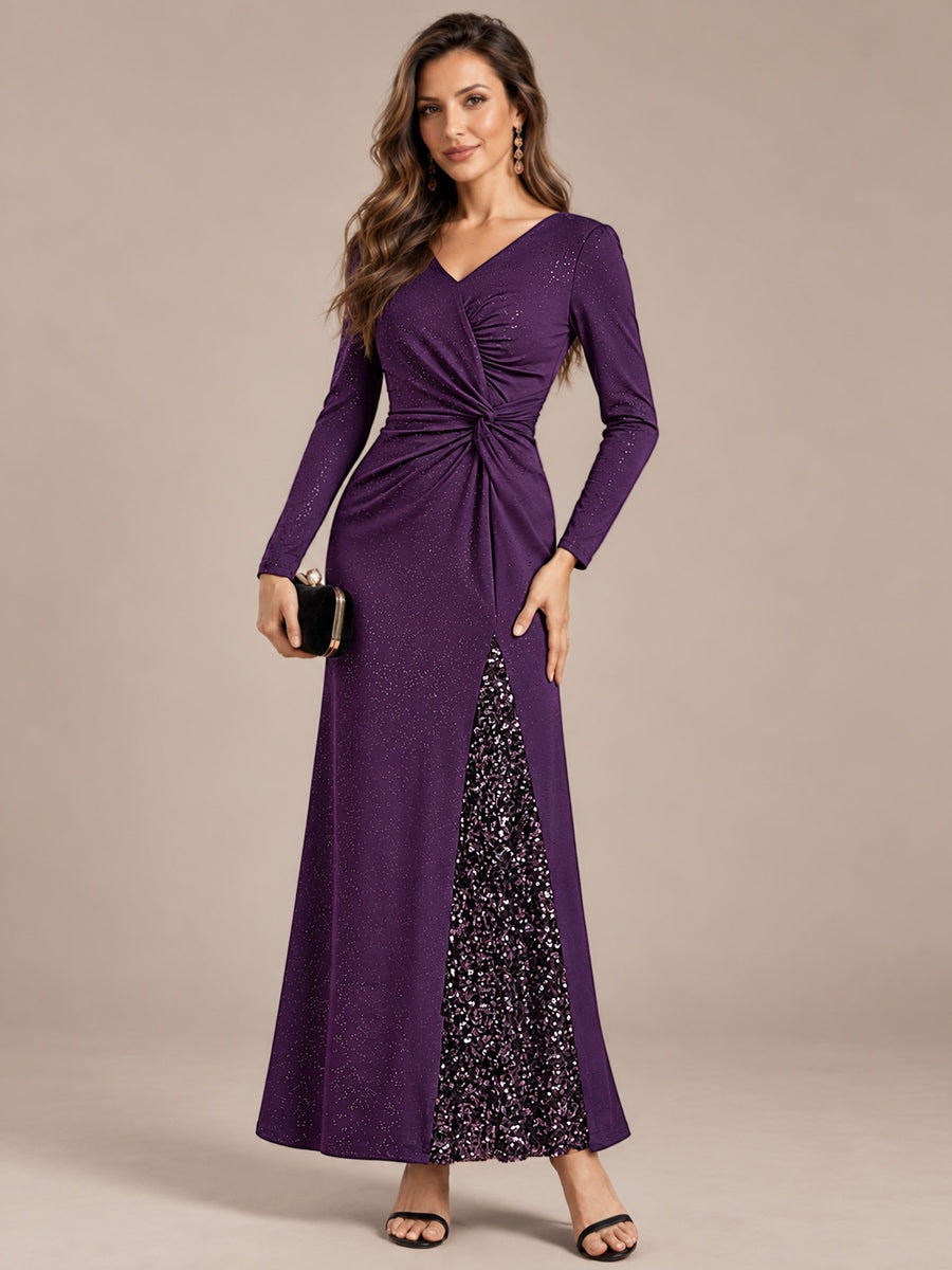 Maxilänge V-Ausschnitt Figurbetontes Kleid Aus Mesh Pailletten Zum Binden #Farbe_Dunkelviolett