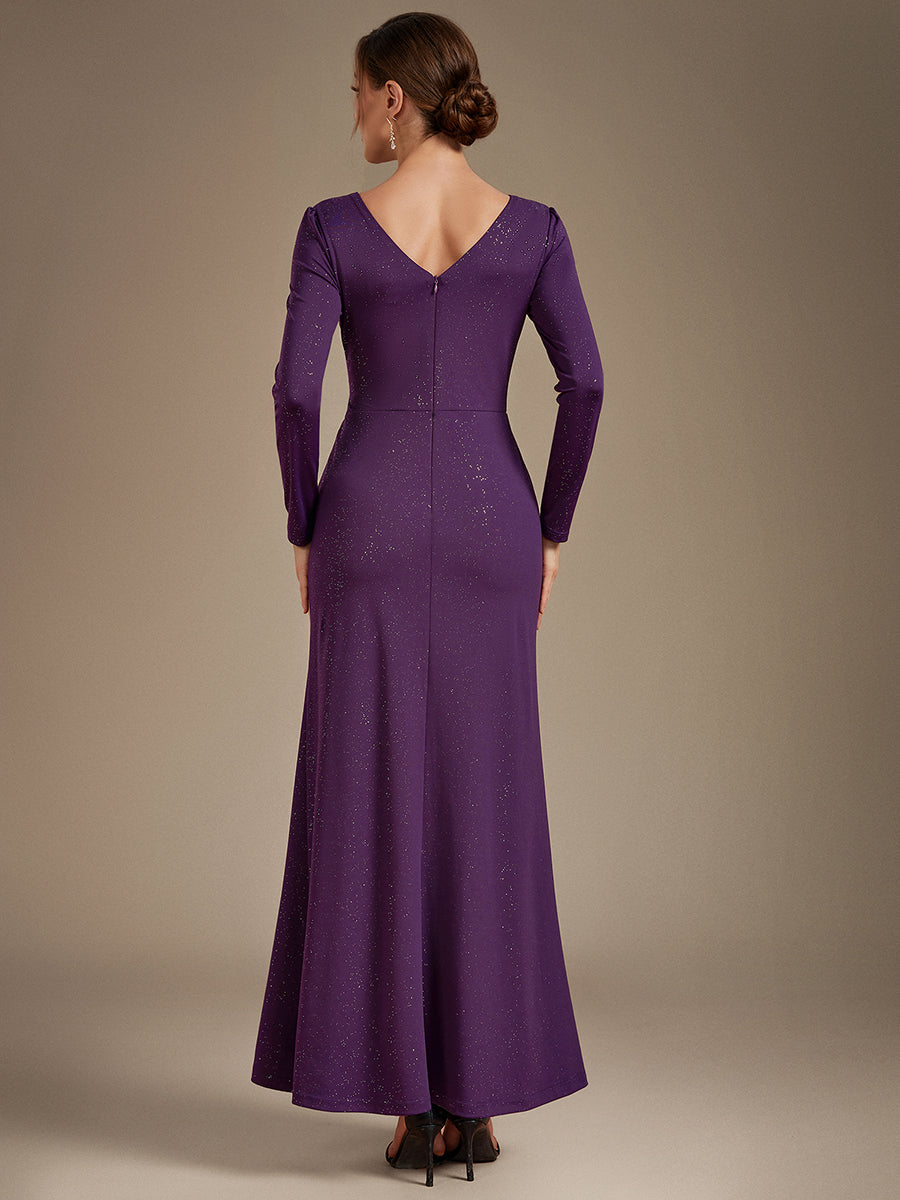 Maxilänge V-Ausschnitt Figurbetontes Kleid Aus Mesh Pailletten Zum Binden #Farbe_Dunkelviolett
