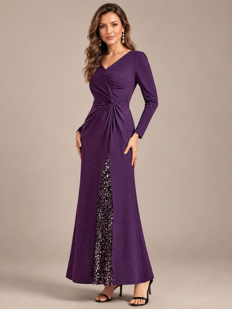 Maxilänge V-Ausschnitt Figurbetontes Kleid Aus Mesh Pailletten Zum Binden #Farbe_Dunkelviolett