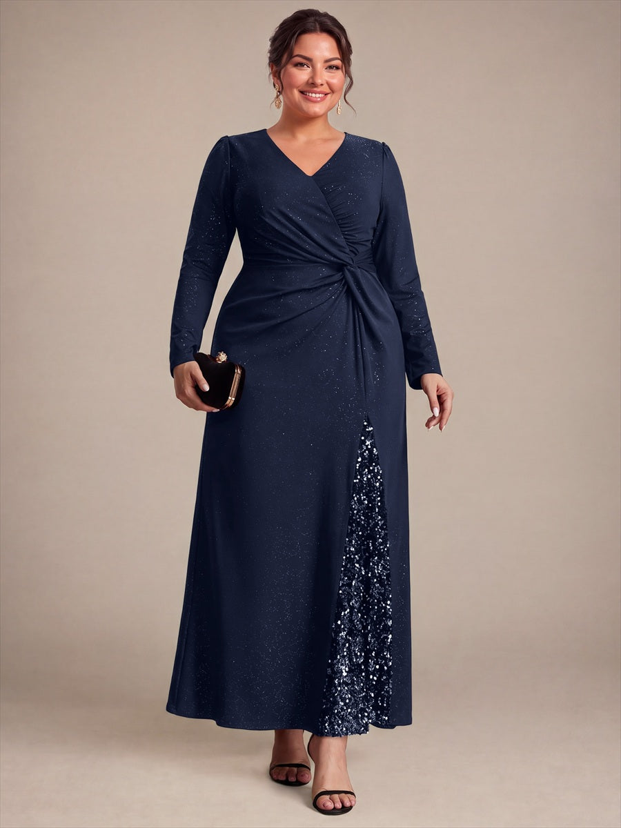 Maxilänge V-Ausschnitt Figurbetontes Kleid Aus Mesh Pailletten Zum Binden #Farbe_Marineblau