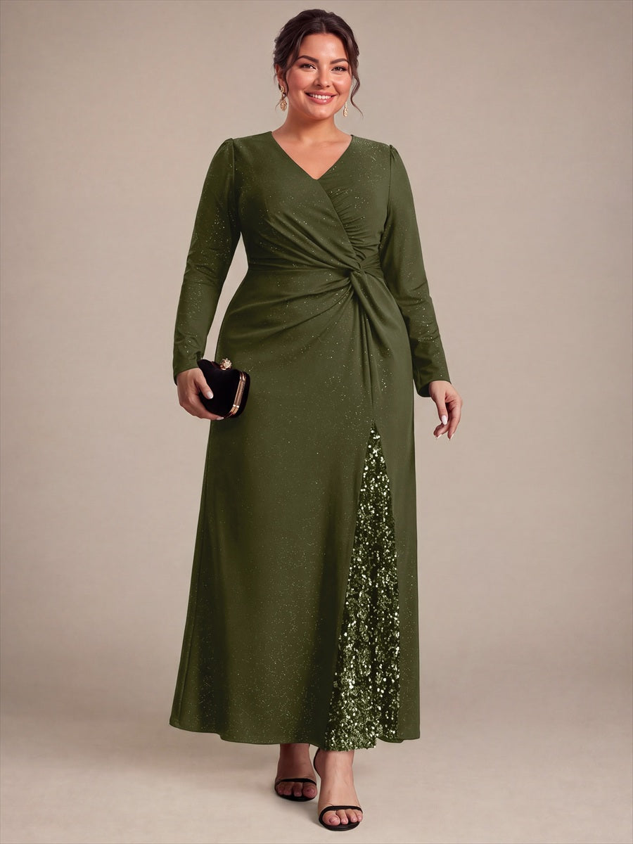 Maxilänge V-Ausschnitt Figurbetontes Kleid Aus Mesh Pailletten Zum Binden #Farbe_Olivgrün