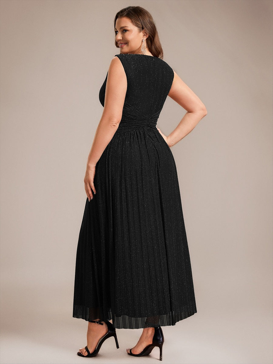 Bodenlanges A-Linien Kleid V-Ausschnitt Tüll Elegantes Design Besondere Anlässe #Farbe_Schwarz