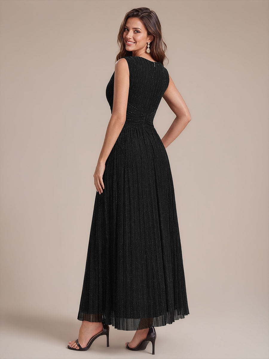 Bodenlanges A-Linien Kleid V-Ausschnitt Tüll Elegantes Design Besondere Anlässe #Farbe_Schwarz