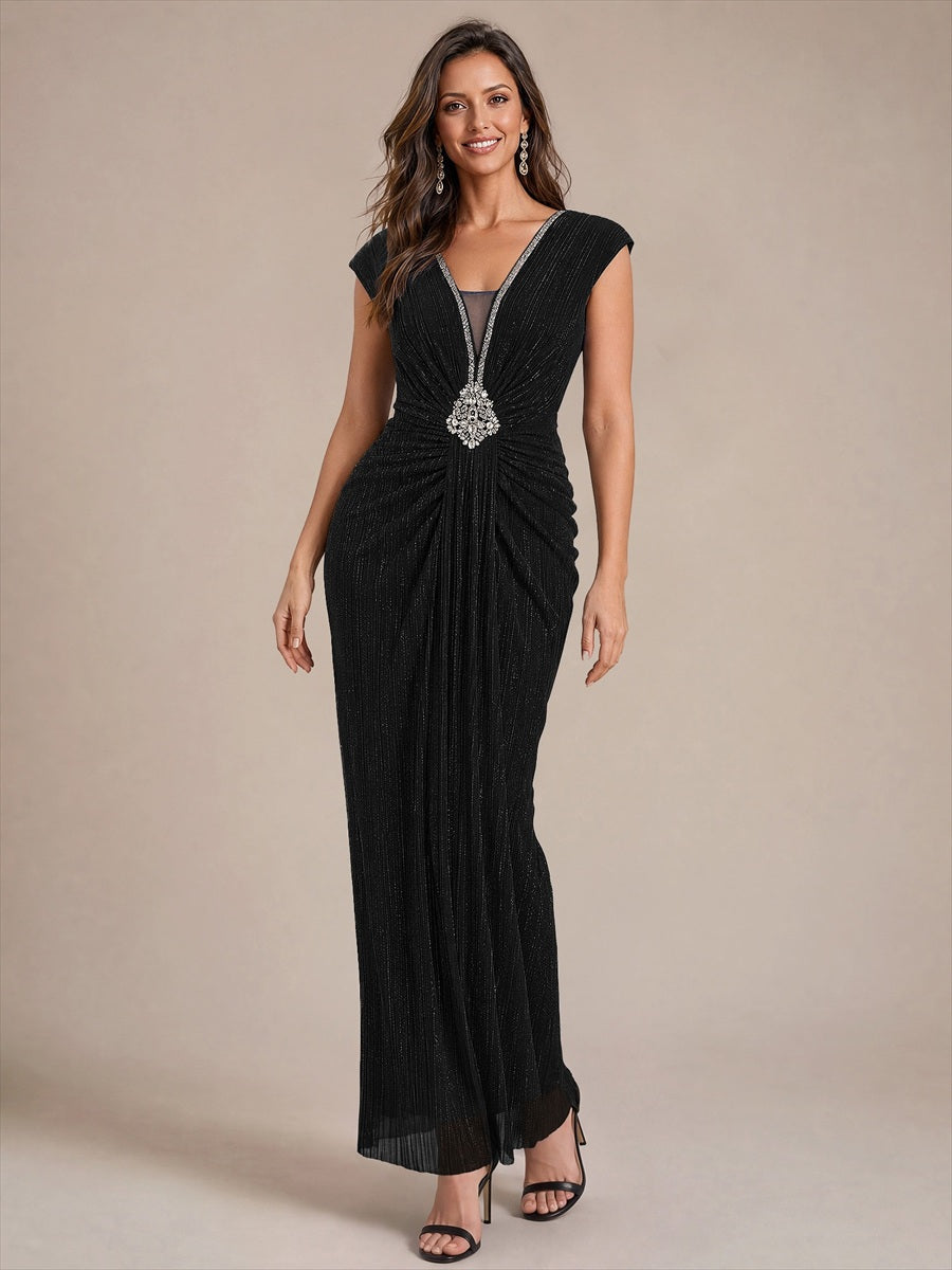 Bodenlanges V-Ausschnitt Figurbetontes Kleid Aus Tüll Elegantes Design Für Besondere Anlässe #Farbe_Schwarz