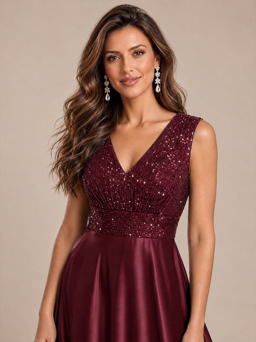 Maxilänge V-Ausschnitt A-Linien Kleid Aus Satin Mit Pailletten Für Glamourösen Look #Farbe_Burgunderrot