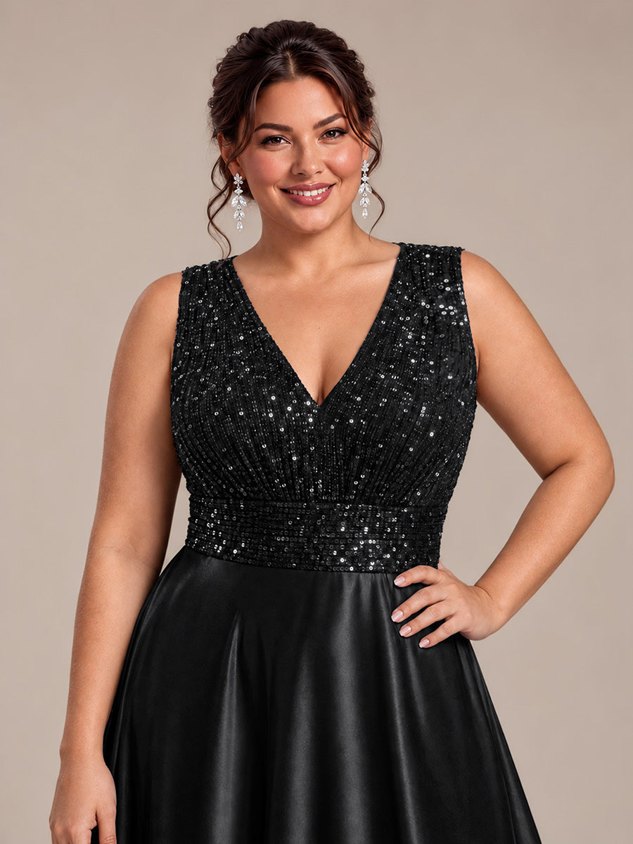 Maxilänge V-Ausschnitt A-Linien Kleid Aus Satin Mit Pailletten Für Glamourösen Look #Farbe_Schwarz