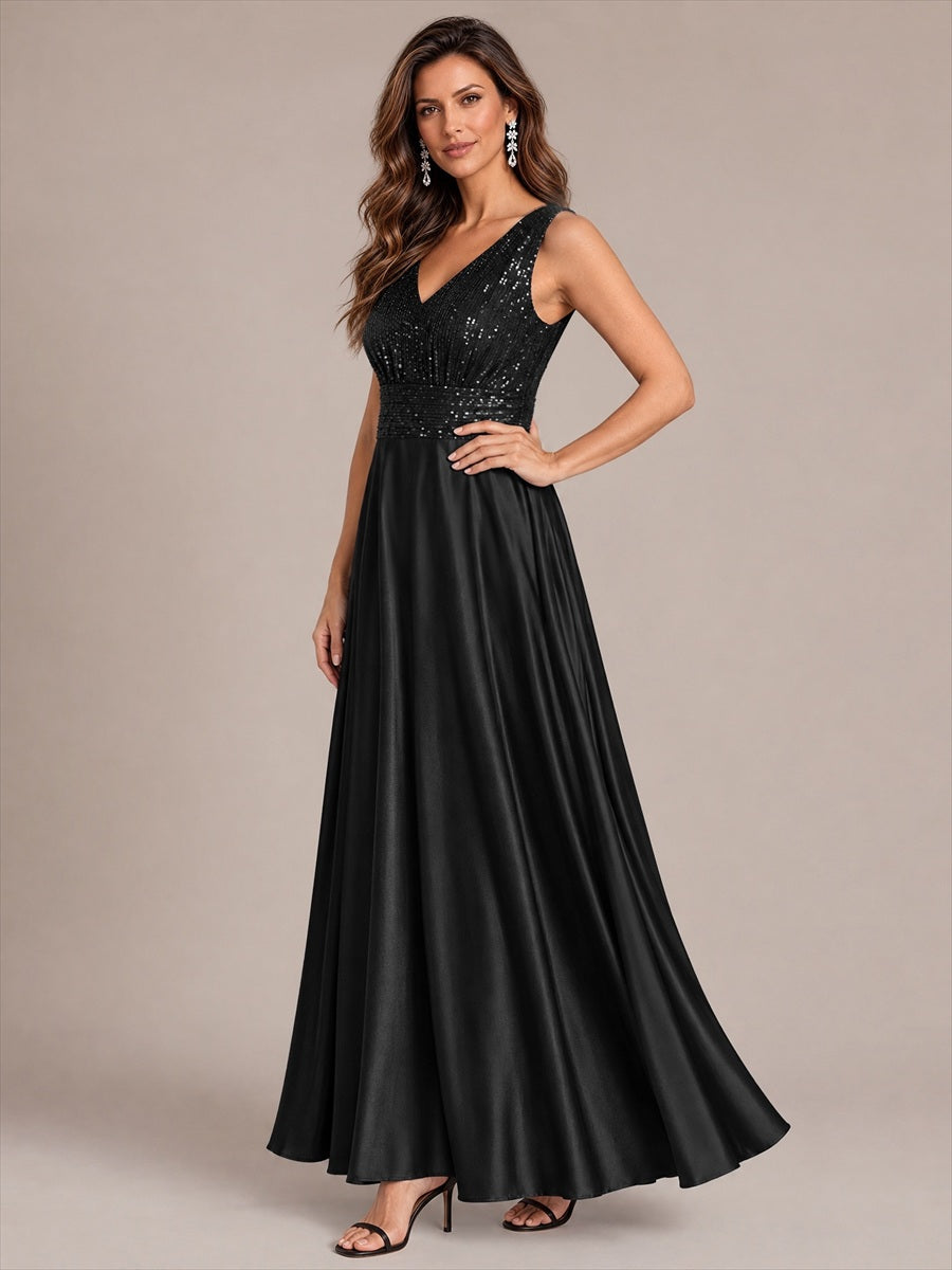 Maxilänge V-Ausschnitt A-Linien Kleid Aus Satin Mit Pailletten Für Glamourösen Look #Farbe_Schwarz