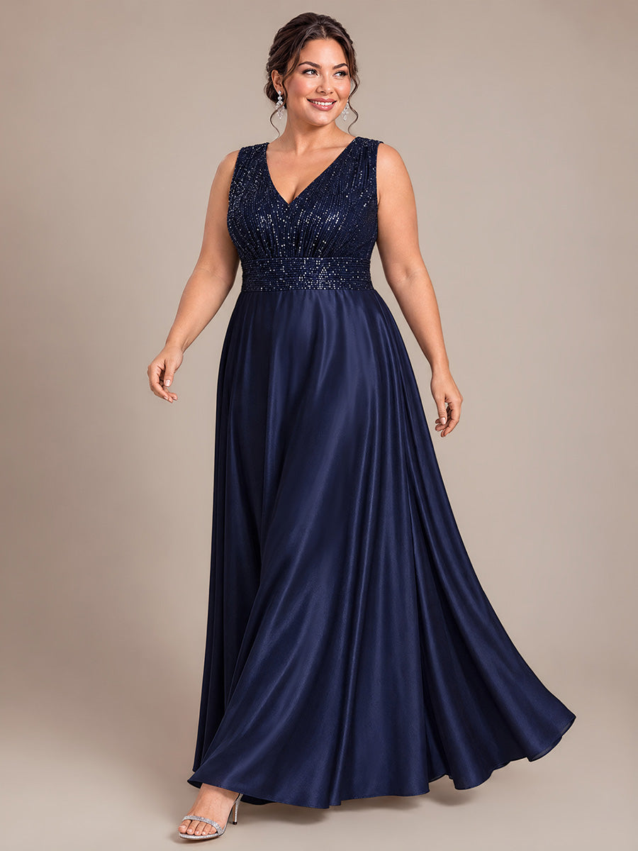 Maxilänge V-Ausschnitt A-Linien Kleid Aus Satin Mit Pailletten Für Glamourösen Look #Farbe_Marineblau