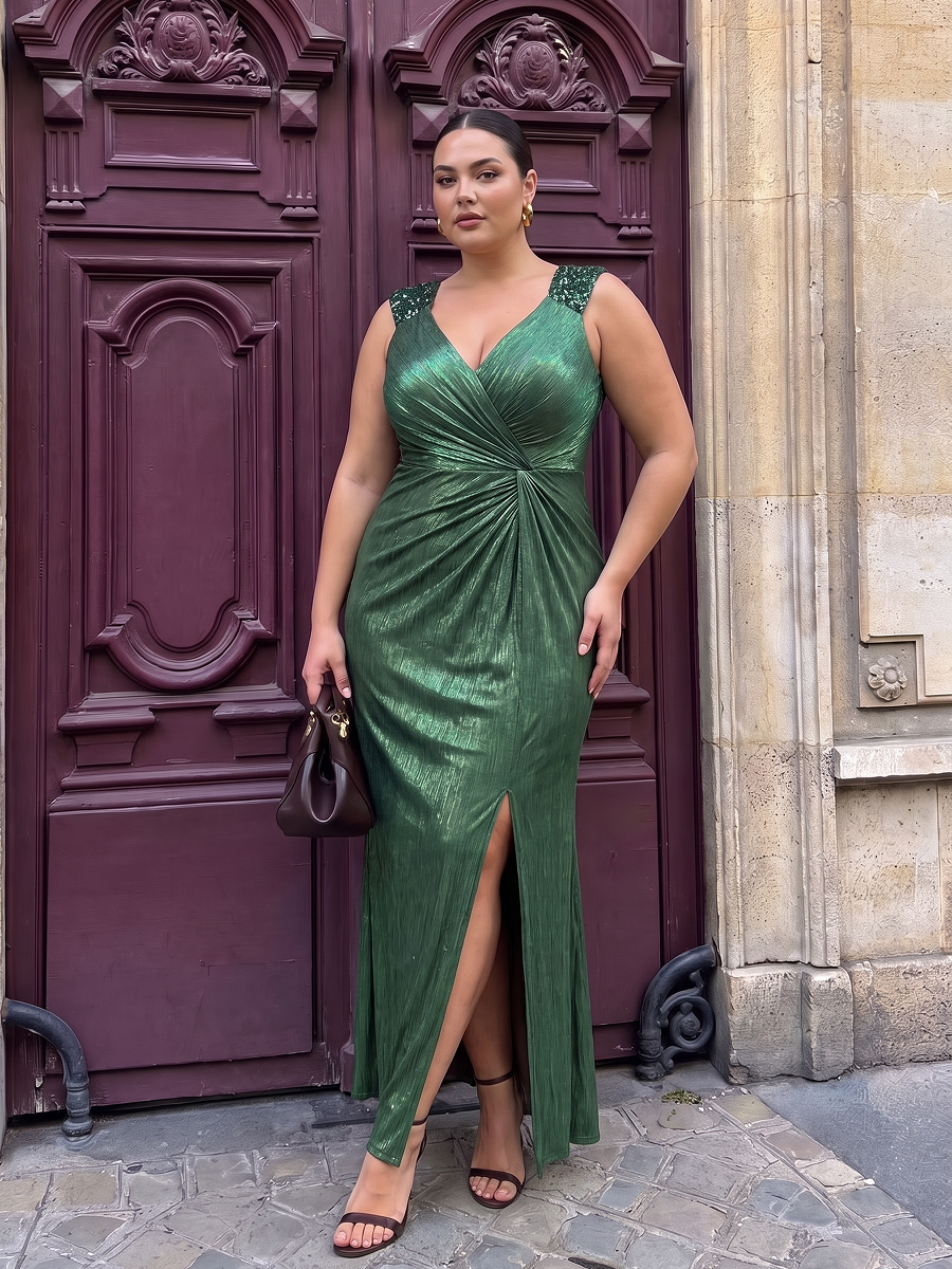 Maxilänge V-Ausschnitt Figurbetontes Kleid Aus Mesh Elegantes Design Für Besondere Anlässe #Farbe_Dunkelgrün