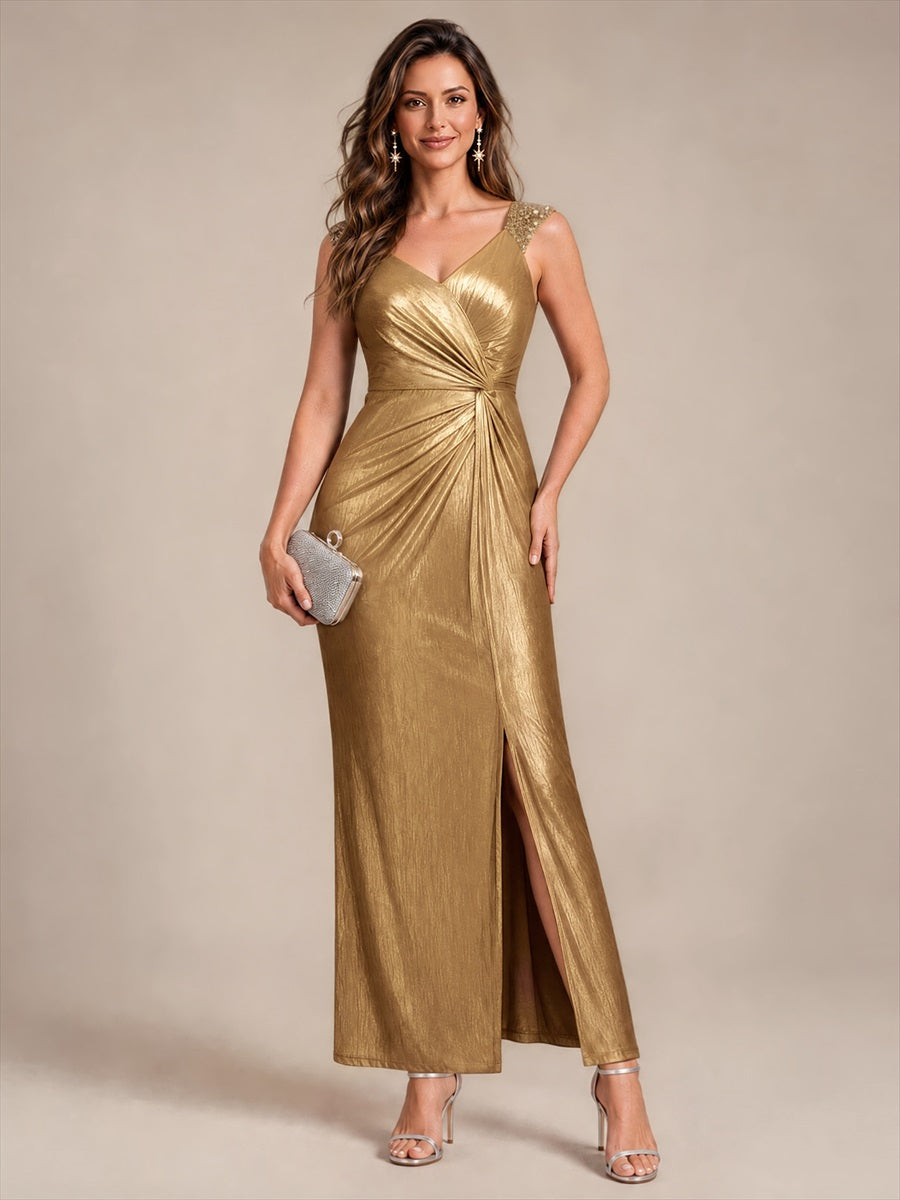 Maxilänge V-Ausschnitt Figurbetontes Kleid Aus Mesh Elegantes Design Für Besondere Anlässe #Farbe_Gold