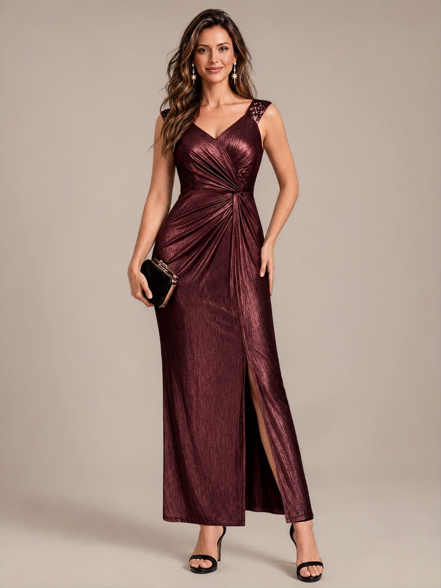Maxilänge V-Ausschnitt Figurbetontes Kleid Aus Mesh Elegantes Design Für Besondere Anlässe #Farbe_Mahagonibraun