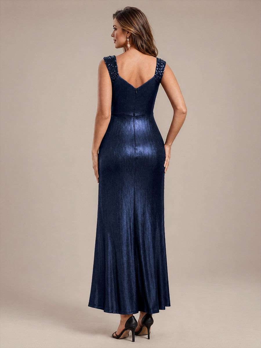 Maxilänge V-Ausschnitt Figurbetontes Kleid Aus Mesh Elegantes Design Für Besondere Anlässe #Farbe_Marineblau