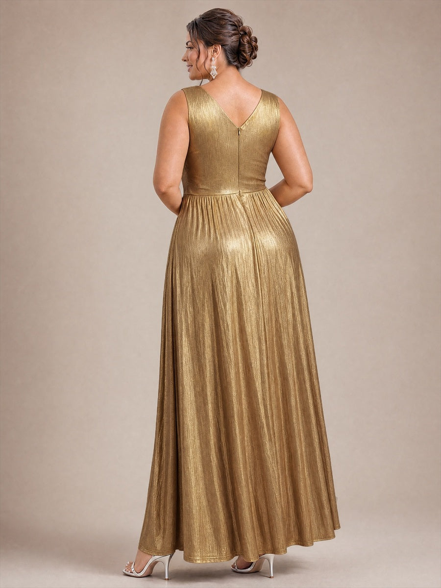 Maxilänge V-Ausschnitt Weiter Rock Aus Mesh Elegantes Abendkleid Mit Atemberaubendem Design #Farbe_Gold