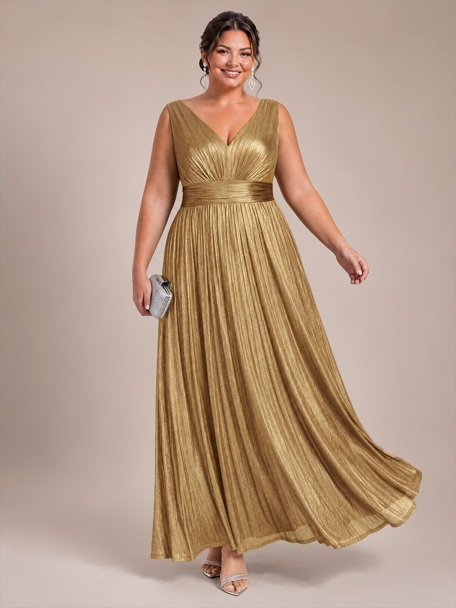 Maxilänge V-Ausschnitt Weiter Rock Aus Mesh Elegantes Abendkleid Mit Atemberaubendem Design #Farbe_Gold