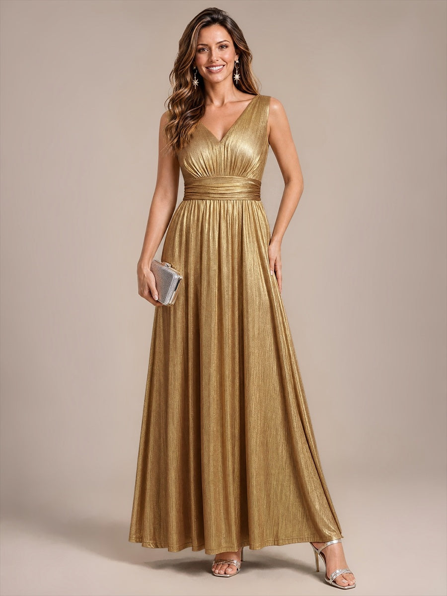 Maxilänge V-Ausschnitt Weiter Rock Aus Mesh Elegantes Abendkleid Mit Atemberaubendem Design #Farbe_Gold