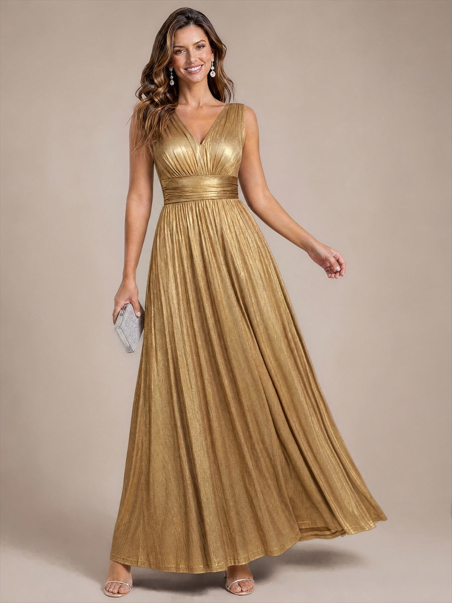 Maxilänge V-Ausschnitt Weiter Rock Aus Mesh Elegantes Abendkleid Mit Atemberaubendem Design #Farbe_Gold