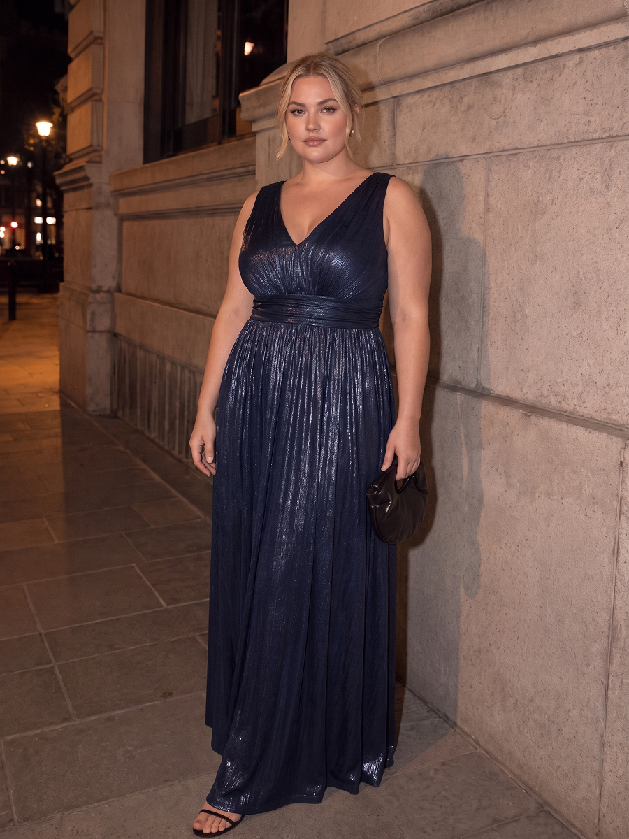 Maxilänge V-Ausschnitt Weiter Rock Aus Mesh Elegantes Abendkleid Mit Atemberaubendem Design #Farbe_Marineblau