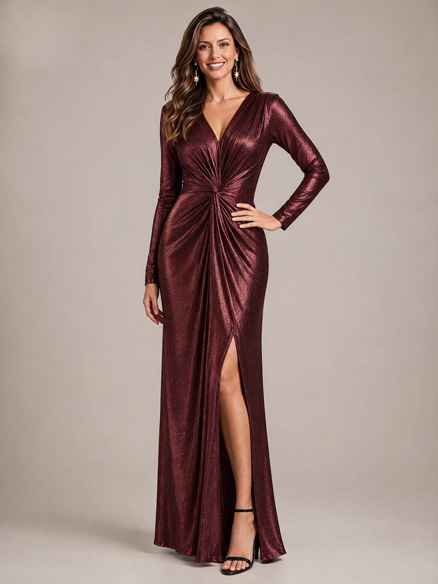 Maxilänge V-Ausschnitt Etui Kleid Aus Mesh Schlitz Zum Binden #Farbe_Mahagonibraun