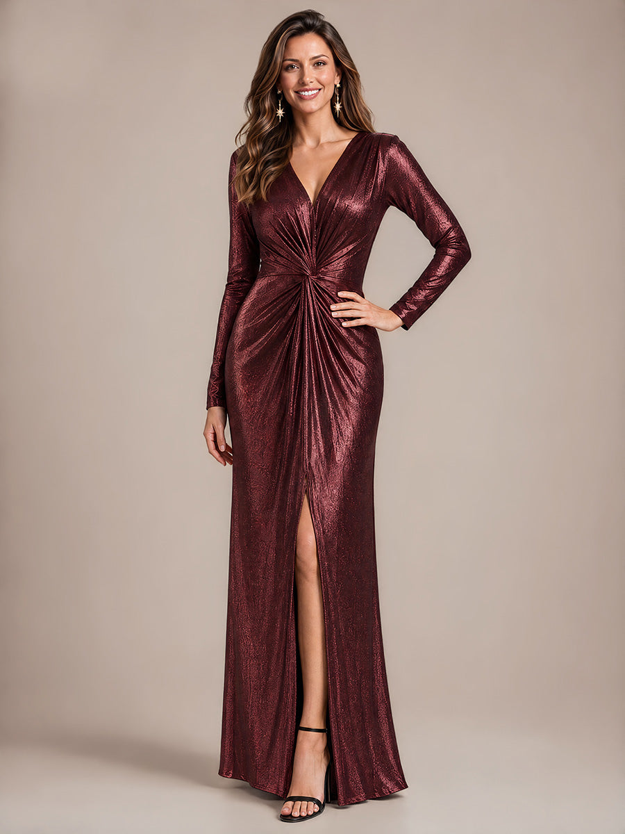 Maxilänge V-Ausschnitt Etui Kleid Aus Mesh Schlitz Zum Binden #Farbe_Mahagonibraun