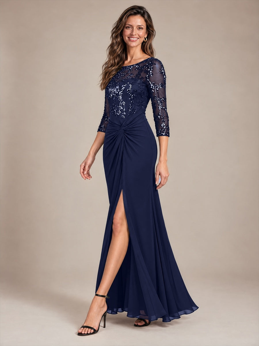 Maxilänge Runder Ausschnitt Asymmetrischer Saum Pailletten Kleid Zum Binden #Farbe_Marineblau