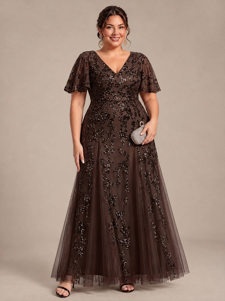 Maxi V-Ausschnitt A-Linie Kleid Aus Pailletten Mit Rüschendetails Aus Tüll #Farbe_Schokoladenbraun