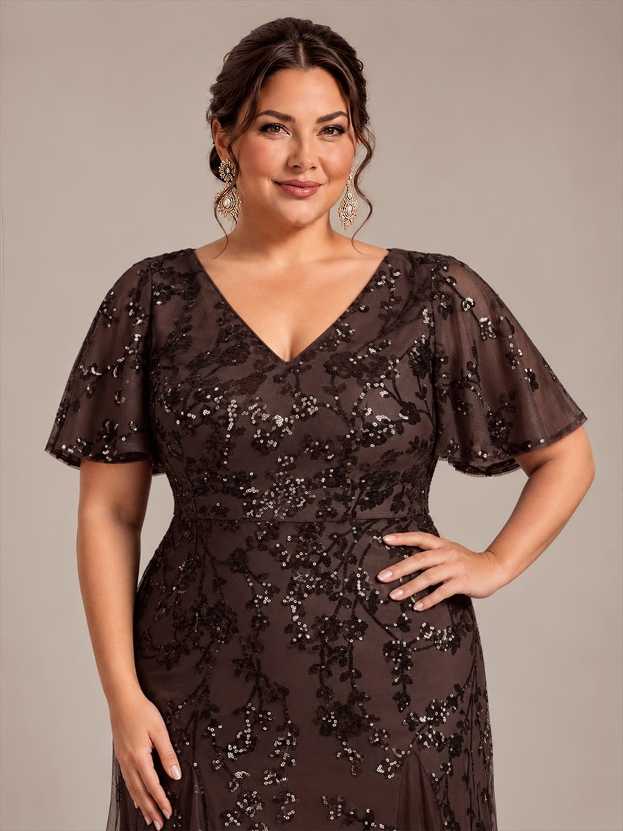 Maxi V-Ausschnitt A-Linie Kleid Aus Pailletten Mit Rüschendetails Aus Tüll #Farbe_Schokoladenbraun