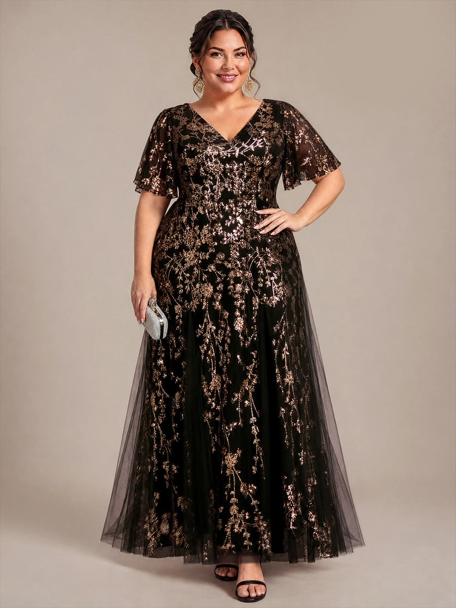 Maxi V-Ausschnitt A-Linie Kleid Aus Pailletten Mit Rüschendetails Aus Tüll #Farbe_Schwarz & Gold