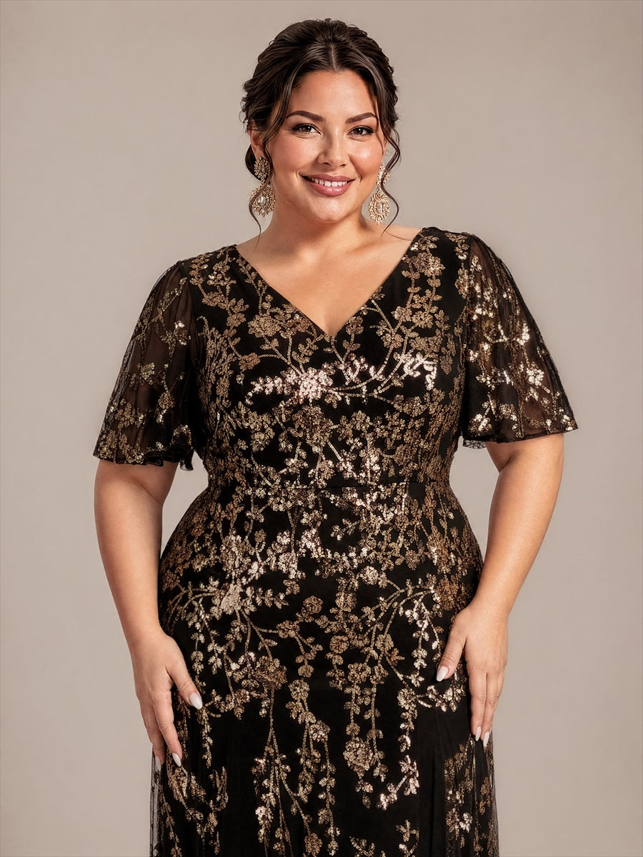 Maxi V-Ausschnitt A-Linie Kleid Aus Pailletten Mit Rüschendetails Aus Tüll #Farbe_Schwarz & Gold