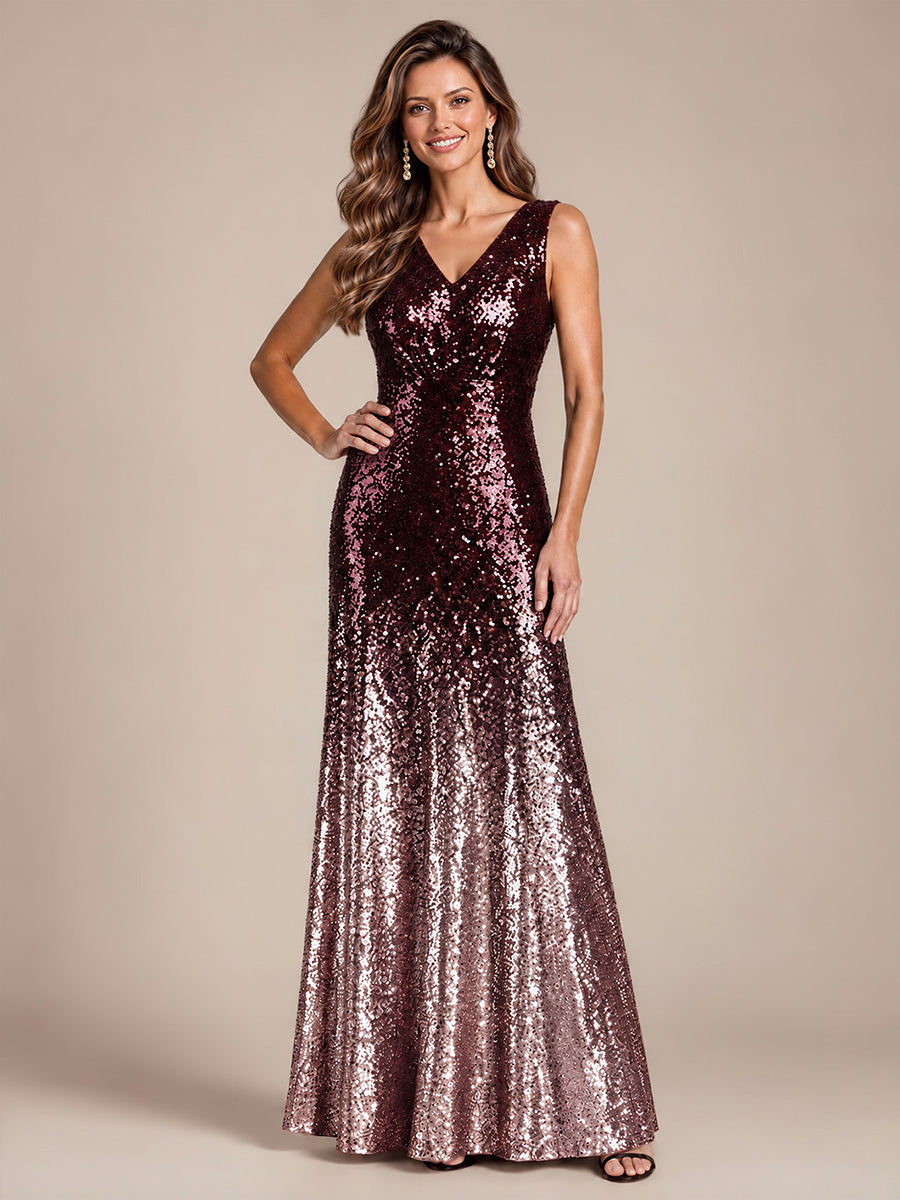 Pailletten V-Ausschnitt Ärmelloses Abendkleid #Farbe_Dunkellila und Lavendel