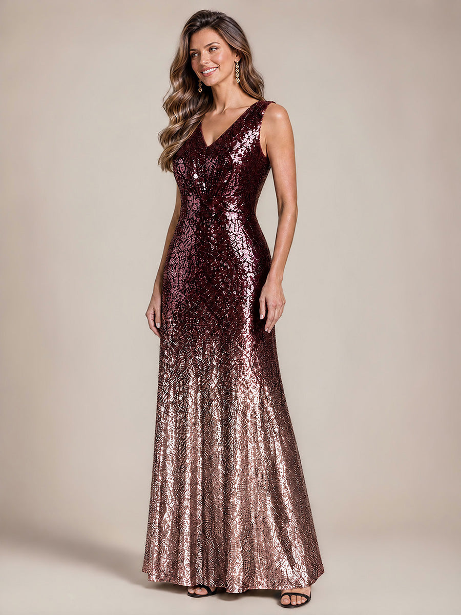 Pailletten V-Ausschnitt Ärmelloses Abendkleid #Farbe_Dunkellila und Lavendel