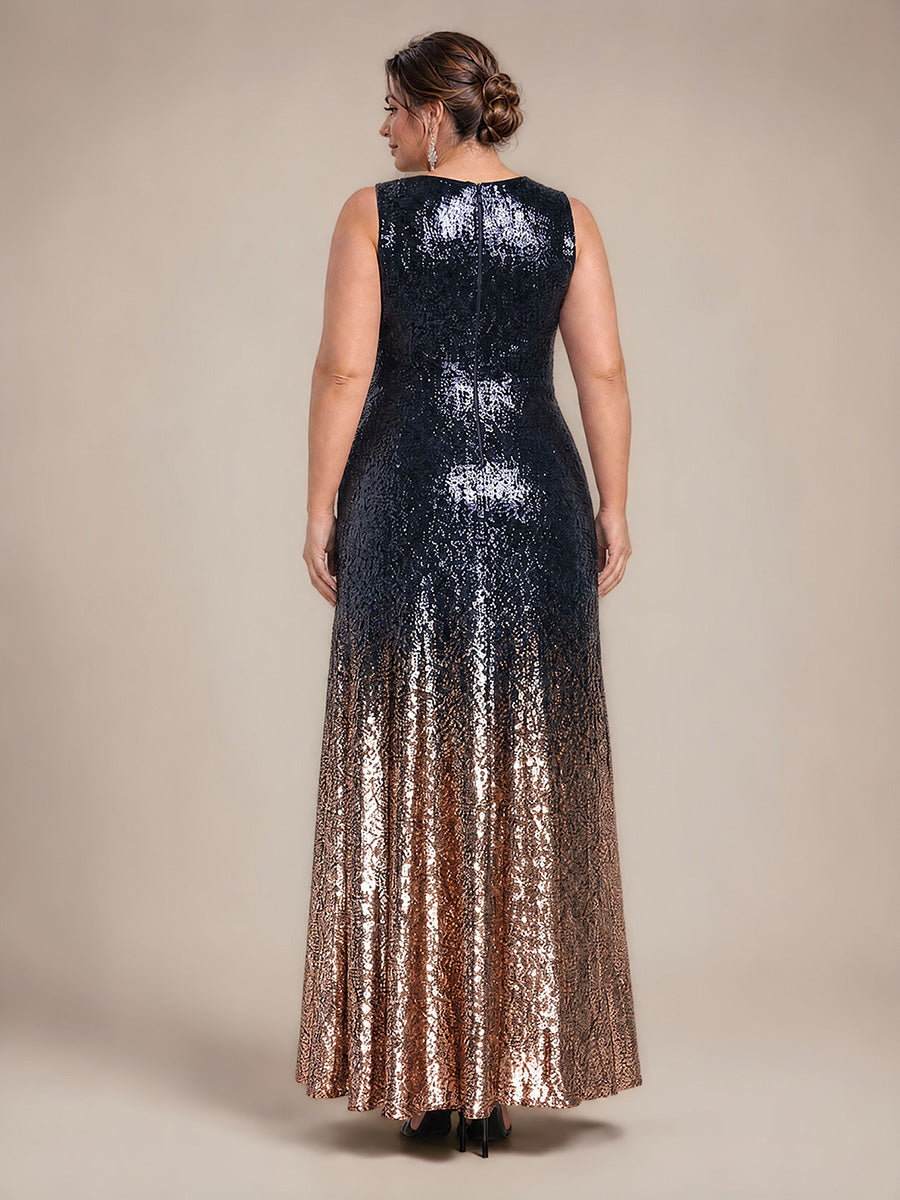Pailletten V-Ausschnitt Ärmelloses Abendkleid #Farbe_Marineblau & Champagner