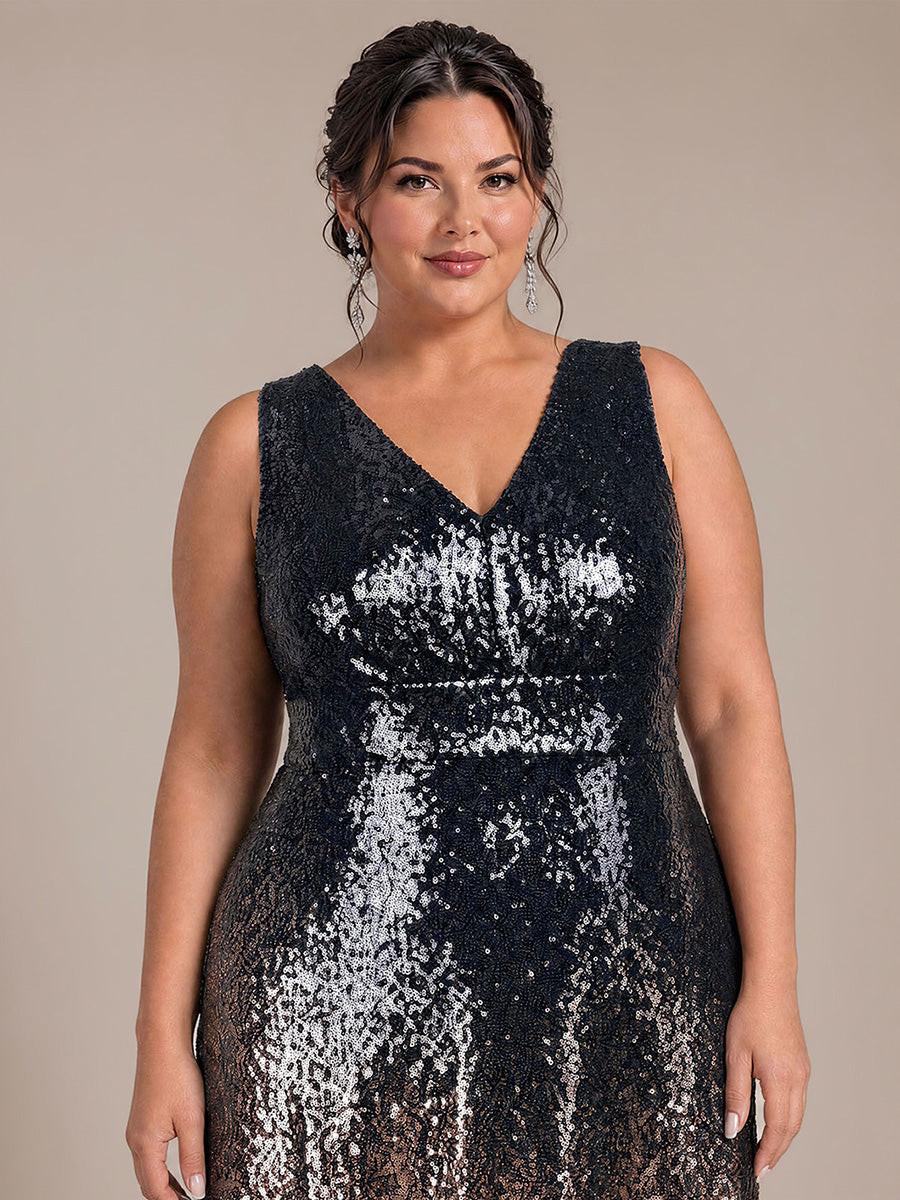 Pailletten V-Ausschnitt Ärmelloses Abendkleid #Farbe_Marineblau & Champagner