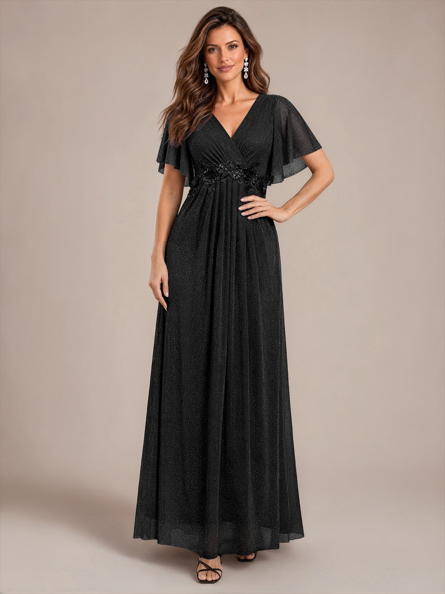 Maxikleid Mit V-Ausschnitt Falten Design Aus Lurex Netzstoff Fließender Rock Elegantes Abendkleid #Farbe_Schwarz